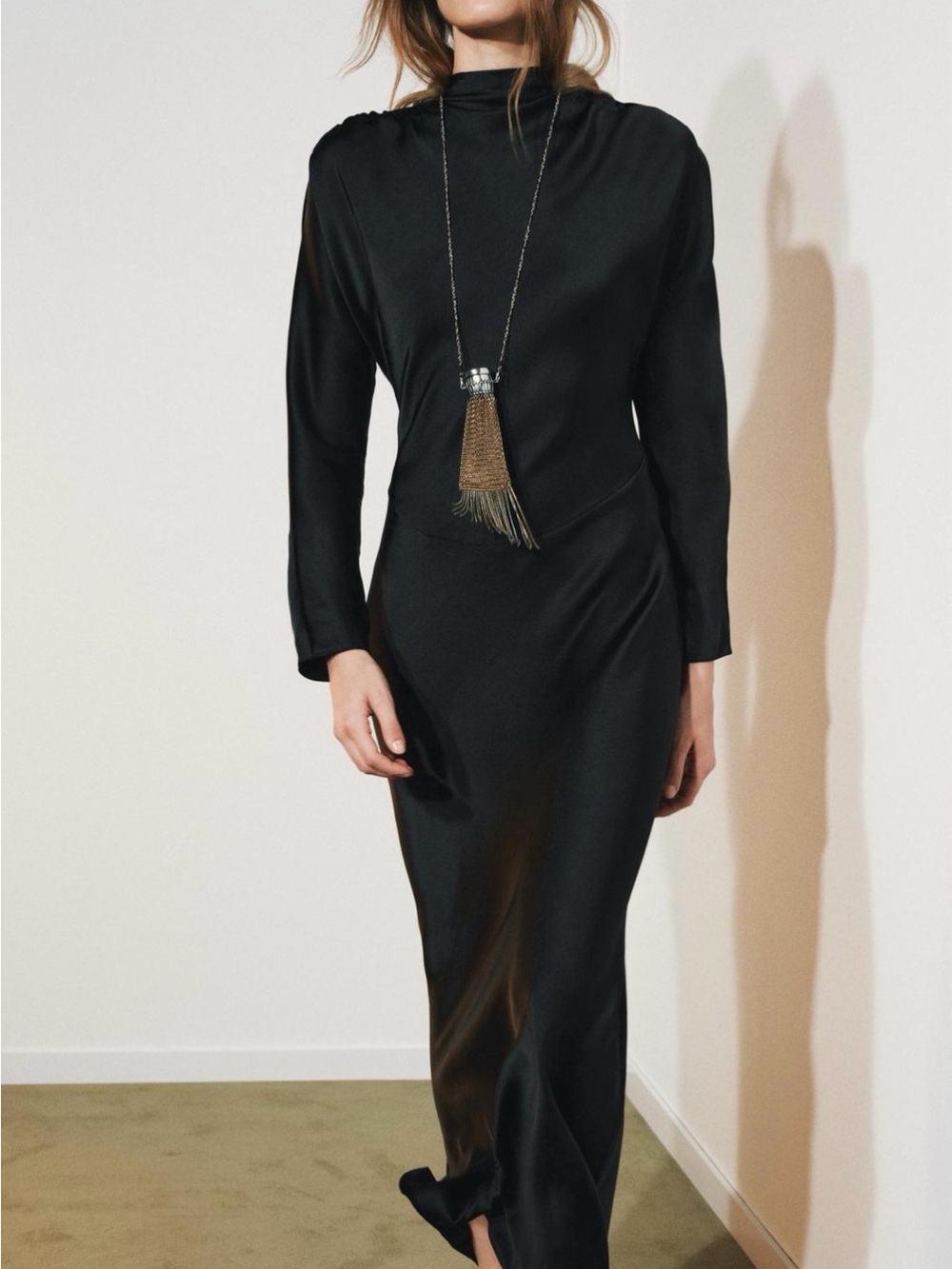 Zara Black Long-Sleeve Satin Maxi Dress